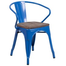 Flash Furniture CH-31270-BL-WD-GG Blue Metal Chair with Wood Seat and Arms