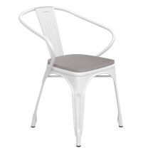 Flash Furniture CH-31270-WH-PL1G-GG White Metal Indoor/Outdoor Chair with Arms with Gray Poly Resin Wood Seat