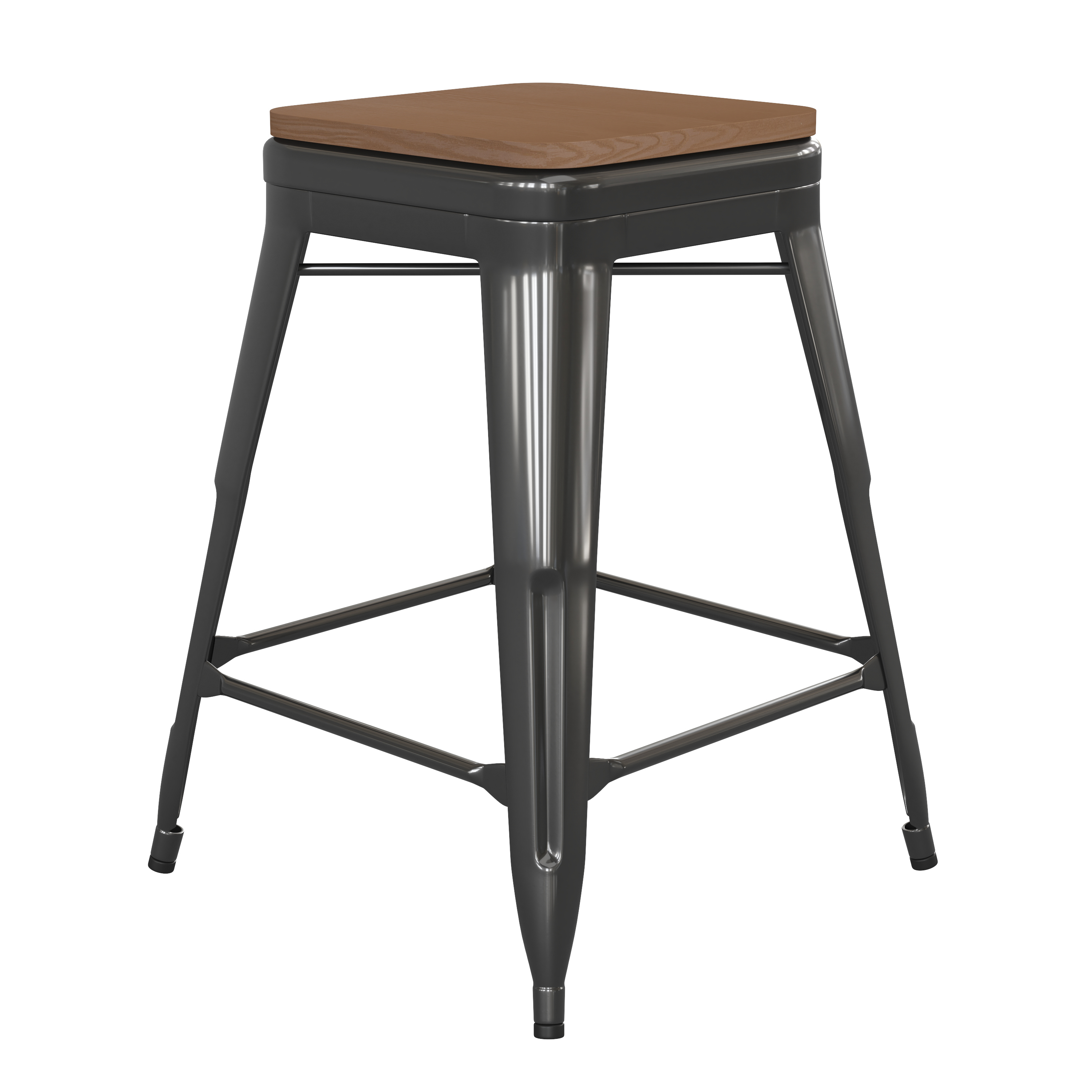 Flash Furniture CH-31320-24-BK-PL2T-GG 24''H Backless Black Metal Indoor/Outdoor Counter Height Stool with Teak Poly Resin Wood Seat