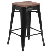 Flash Furniture CH-31320-24-BK-WD-GG 24''H Backless Black Metal Counter Height Stool with Square Wood Seat