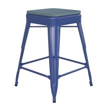 Flash Furniture CH-31320-24-BL-PL2C-GG 24''H Backless Blue Metal Indoor/Outdoor Counter Height Stool with Teal-Blue Poly Resin Wood Seat