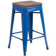 Flash Furniture CH-31320-24-BL-WD-GG 24''H Backless Blue Metal Counter Height Stool with Square Wood Seat
