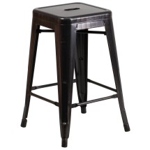 Flash Furniture CH-31320-24-BQ-GG 24''H Backless Black-Antique Gold Metal Indoor/Outdoor Counter Height Stool with Square Seat