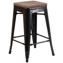 Flash Furniture CH-31320-24-BQ-WD-GG 24''H Backless Black-Antique Gold Metal Counter Height Stool with Square Wood Seat