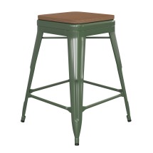Flash Furniture CH-31320-24-GN-PL2T-GG 24''H Green Metal Indoor/Outdoor Counter Height Stool with Teak Poly Resin Wood Seat