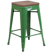 Flash Furniture CH-31320-24-GN-WD-GG 24''H Green Metal Counter Height Stool with Square Wood Seat