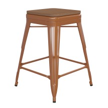 Flash Furniture CH-31320-24-OR-PL2T-GG 24''H Orange Metal Indoor/Outdoor Counter Height Stool with Teak Poly Resin Wood Seat