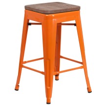 Flash Furniture CH-31320-24-OR-WD-GG 24''H Orange Metal Counter Height Stool with Square Wood Seat