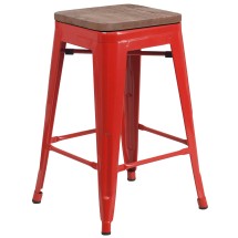 Flash Furniture CH-31320-24-RED-WD-GG 24''H Red Metal Counter Height Stool with Square Wood Seat