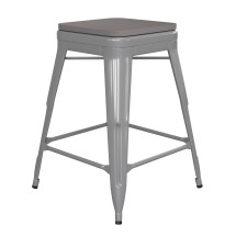 Flash Furniture CH-31320-24-SIL-PL2G-GG 24''H Silver Metal Indoor/Outdoor Counter Height Stool with Gray Poly Resin Wood Seat