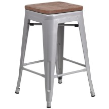 Flash Furniture CH-31320-24-SIL-WD-GG 24''H Silver Metal Counter Height Stool with Square Wood Seat