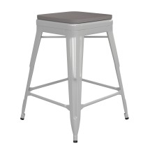 Flash Furniture CH-31320-24-WH-PL2G-GG 24''H White Metal Indoor/Outdoor Counter Height Stool with Gray Poly Resin Wood Seat