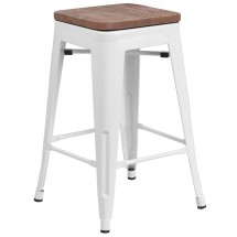 Flash Furniture CH-31320-24-WH-WD-GG 24''H White Metal Counter Height Stool with Square Wood Seat