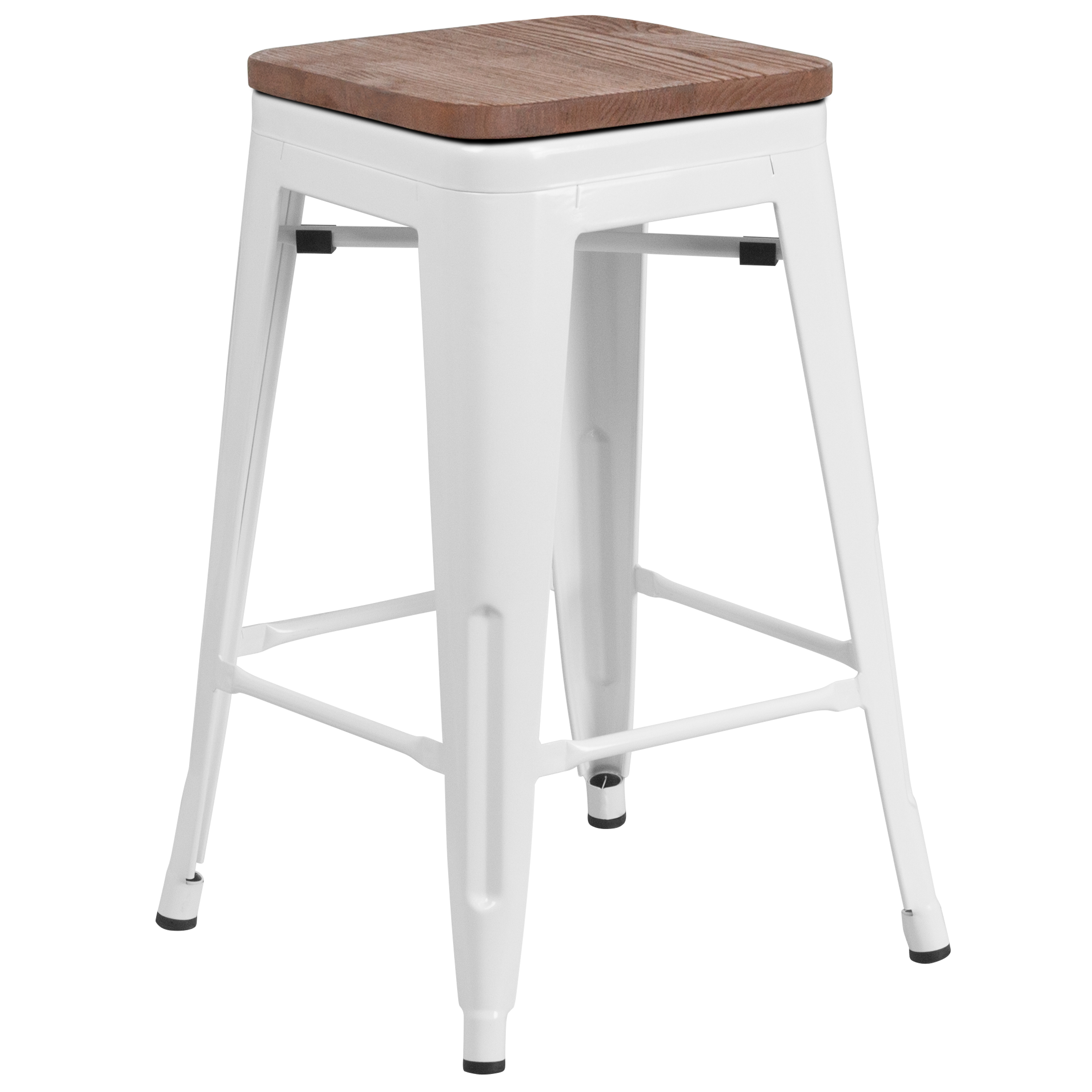 Flash Furniture CH-31320-24-WH-WD-GG 24''H White Metal Counter Height Stool with Square Wood Seat