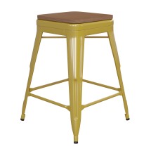 Flash Furniture CH-31320-24-YL-PL2T-GG 24''H Yellow Metal Indoor/Outdoor Counter Height Stool with Teak Poly Resin Wood Seat
