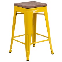 Flash Furniture CH-31320-24-YL-WD-GG 24''H Yellow Metal Counter Height Stool with Square Wood Seat