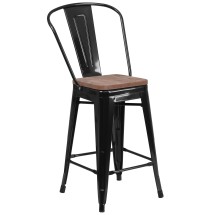 Flash Furniture CH-31320-24GB-BK-WD-GG 24''H Black Metal Counter Height Stool with Back and Wood Seat
