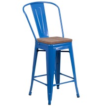 Flash Furniture CH-31320-24GB-BL-WD-GG 24''H Blue Metal Counter Height Stool with Back and Wood Seat