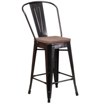 Flash Furniture CH-31320-24GB-BQ-WD-GG 24''H Black-Antique Gold Metal Counter Height Stool with Back and Wood Seat