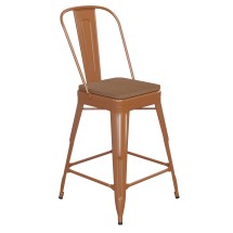 Flash Furniture CH-31320-24GB-OR-PL2T-GG 24''H Orange Metal Indoor/Outdoor Counter Height Stool with Removable Back and Teak All-Weather Poly Resin Seat