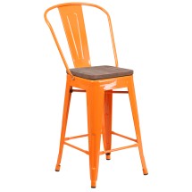 Flash Furniture CH-31320-24GB-OR-WD-GG 24''H Orange Metal Counter Height Stool with Back and Wood Seat