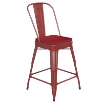 Flash Furniture CH-31320-24GB-RED-PL2R-GG 24''H Red Metal Indoor/Outdoor Counter Height Stool with Removable Back and All-Weather Poly Resin Seat