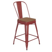 Flash Furniture CH-31320-24GB-RED-PL2T-GG 24''H Red Metal Indoor/Outdoor Counter Height Stool with Removable Back and Teak All-Weather Poly Resin Seat