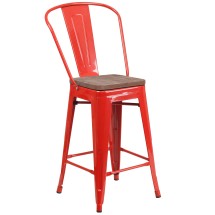 Flash Furniture CH-31320-24GB-RED-WD-GG 24''H Red Metal Counter Height Stool with Back and Wood Seat