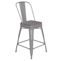 Flash Furniture CH-31320-24GB-SIL-PL2G-GG 24''H Silver Metal Indoor/Outdoor Counter Height Stool with Removable Back and Gray All-Weather Poly Resin Seat