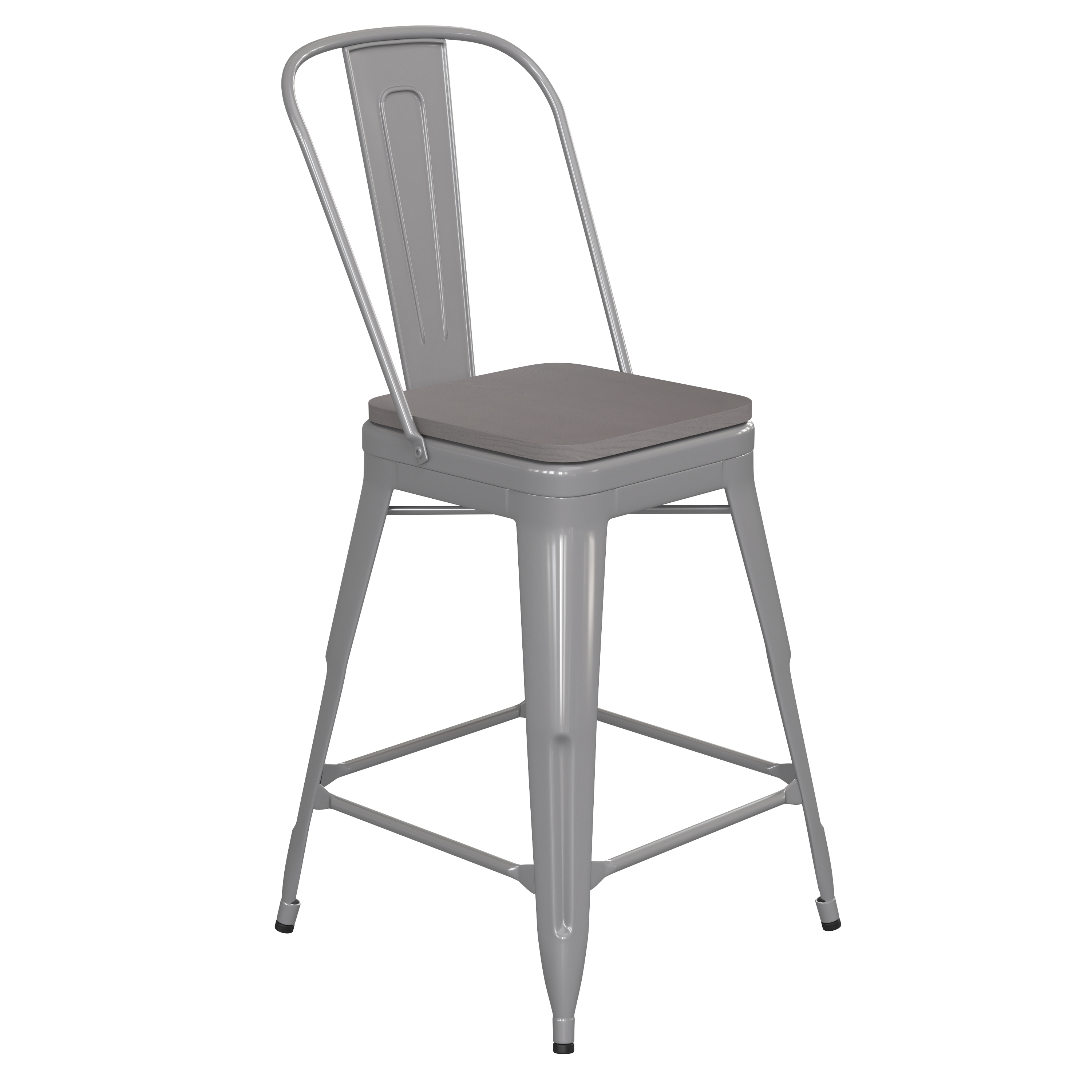 Flash Furniture CH-31320-24GB-SIL-PL2G-GG 24''H Silver Metal Indoor/Outdoor Counter Height Stool with Removable Back and Gray Poly Resin Seat