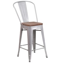 Flash Furniture CH-31320-24GB-SIL-WD-GG 24''H Silver Metal Counter Height Stool with Back and Wood Seat