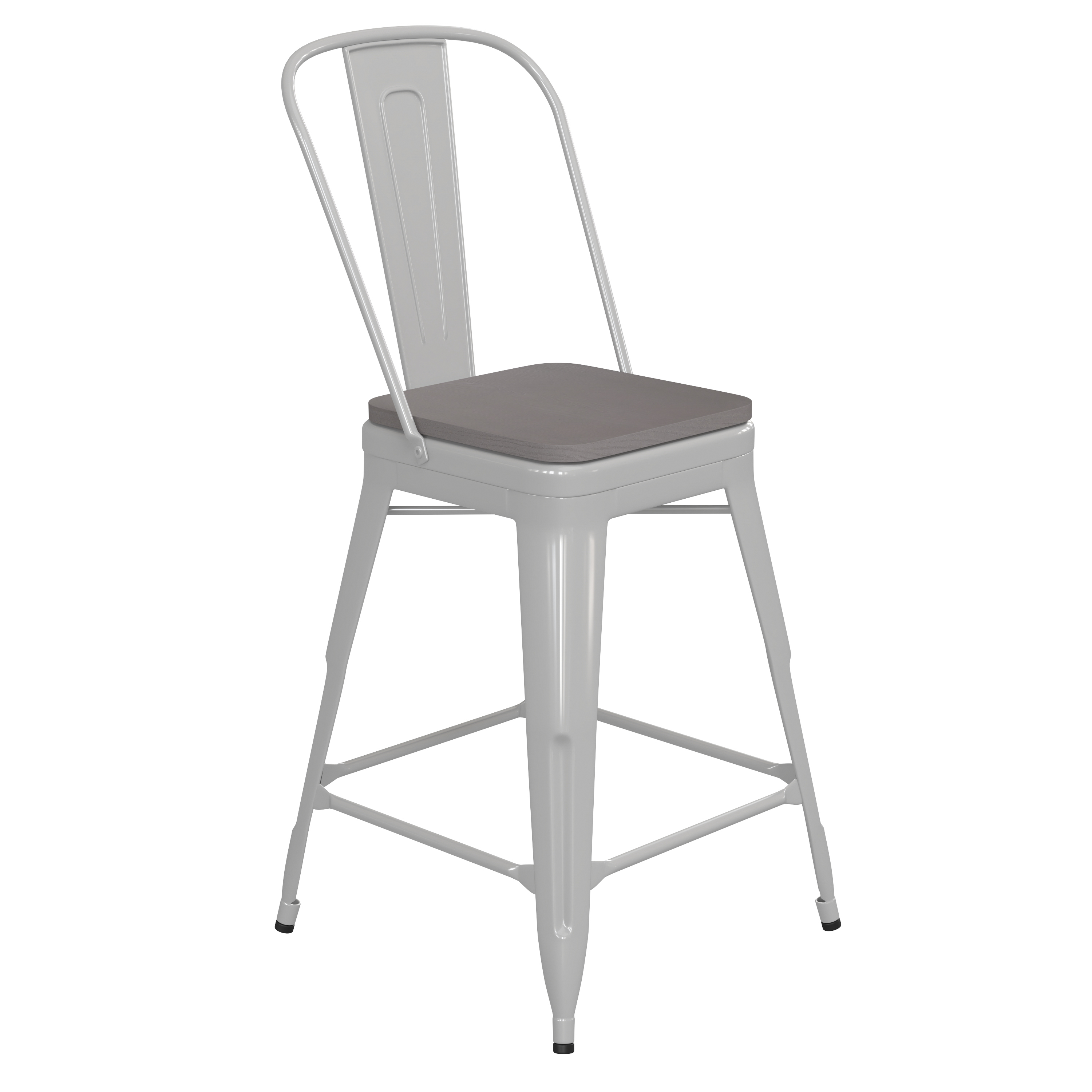 Flash Furniture CH-31320-24GB-WH-PL2G-GG 24''H White Metal Indoor/Outdoor Counter Height Stool with Removable Back and Gray Poly Resin Seat