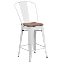 Flash Furniture CH-31320-24GB-WH-WD-GG 24''H White Metal Counter Height Stool with Back and Wood Seat