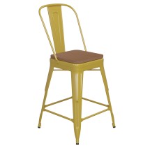 Flash Furniture CH-31320-24GB-YL-PL2T-GG 24''H Yellow Metal Indoor/Outdoor Counter Height Stool with Removable Back and Teak All-Weather Poly Resin Seat