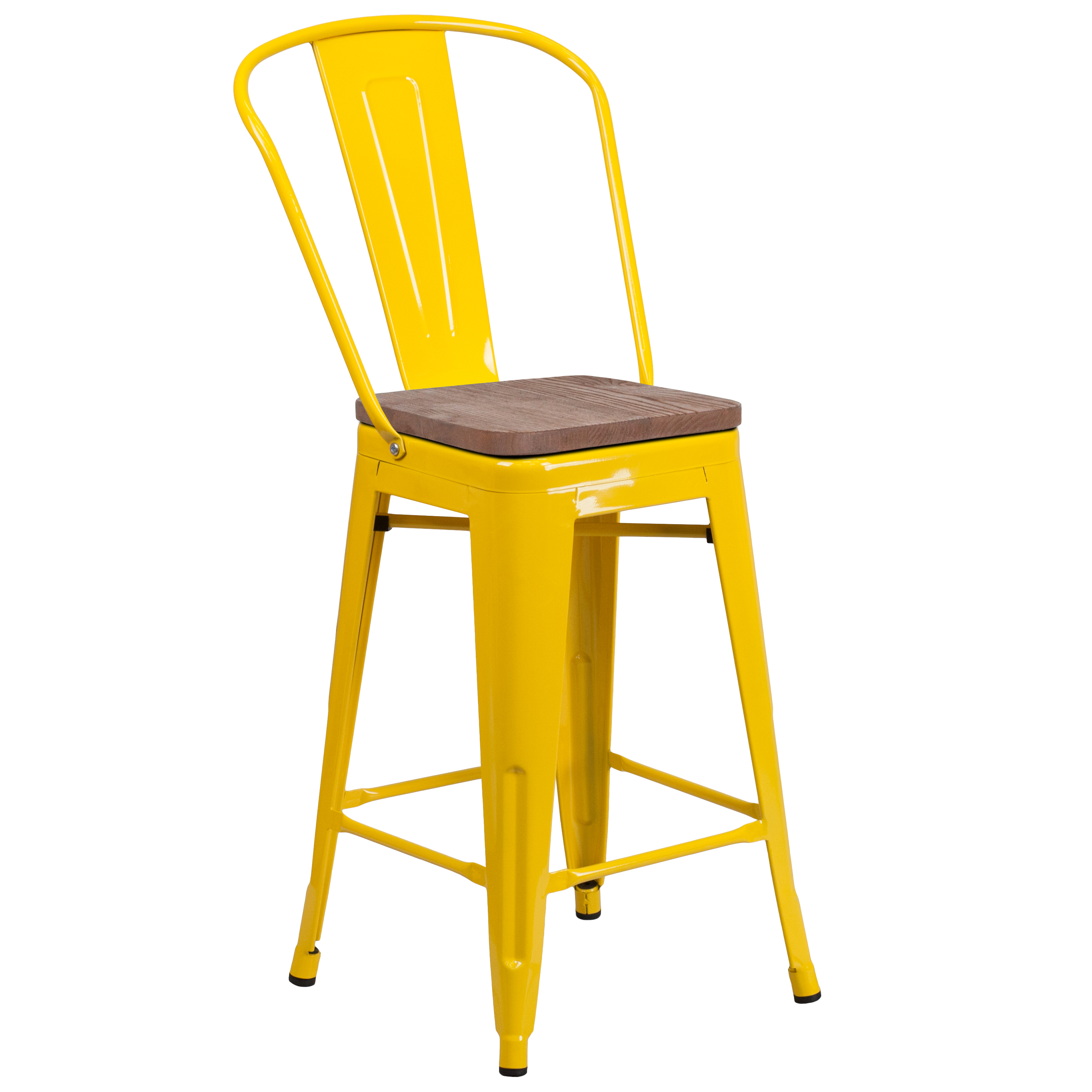Flash Furniture CH-31320-24GB-YL-WD-GG 24''H Yellow Metal Counter Height Stool with Back and Wood Seat