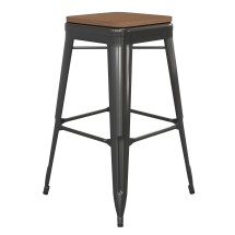 Flash Furniture CH-31320-30-BK-PL2T-GG 30" Black Metal Indoor/Outdoor Barstool with Teak Poly Resin Wood Seat