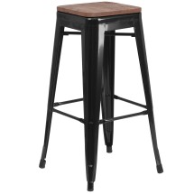 Flash Furniture CH-31320-30-BK-WD-GG 30&quot; Black Metal Barstool with Square Wood Seat