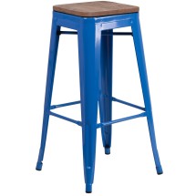 Flash Furniture CH-31320-30-BL-WD-GG 30&quot; Blue Metal Barstool with Square Wood Seat