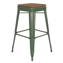 Flash Furniture CH-31320-30-GN-PL2T-GG 30" Green Metal Indoor/Outdoor Barstool with Teak Poly Resin Wood Seat