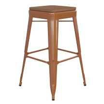 Flash Furniture CH-31320-30-OR-PL2T-GG 30&quot; Orange Metal Indoor/Outdoor Barstool with Teak Poly Resin Wood Seat