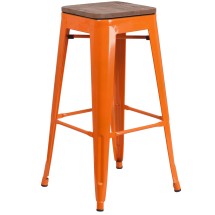 Flash Furniture CH-31320-30-OR-WD-GG 30" Orange Metal Barstool with Square Wood Seat