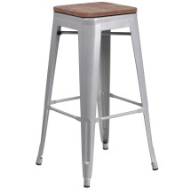 Flash Furniture CH-31320-30-SIL-WD-GG 30&quot; Silver Metal Barstool with Square Wood Seat