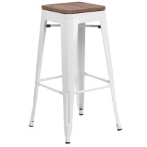 Flash Furniture CH-31320-30-WH-WD-GG 30" White Metal Barstool with Square Wood Seat