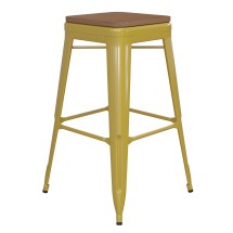 Flash Furniture CH-31320-30-YL-PL2T-GG 30&quot; Yellow Metal Indoor/Outdoor Barstool with Teak Poly Resin Wood Seat