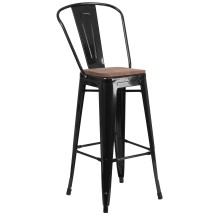 Flash Furniture CH-31320-30GB-BK-WD-GG 30&quot; Black Metal Barstool with Back and Wood Seat