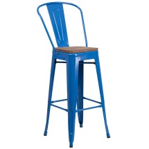 Flash Furniture CH-31320-30GB-BL-WD-GG 30&quot; Blue Metal Barstool with Back and Wood Seat