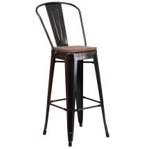 Flash Furniture CH-31320-30GB-BQ-WD-GG 30" Black-Antique Gold Metal Barstool with Back and Wood Seat