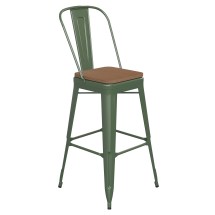 Flash Furniture CH-31320-30GB-GN-PL2T-GG 30&quot; Green Metal Indoor/Outdoor Bar Height Stool with Removable Back and Teak All-Weather Poly Resin Seat