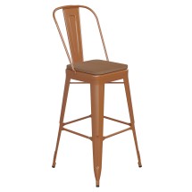 Flash Furniture CH-31320-30GB-OR-PL2T-GG 30" Orange Metal Indoor/Outdoor Bar Height Stool with Removable Back and Teak All-Weather Poly Resin Seat