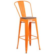 Flash Furniture CH-31320-30GB-OR-WD-GG 30&quot; Orange Metal Barstool with Back and Wood Seat